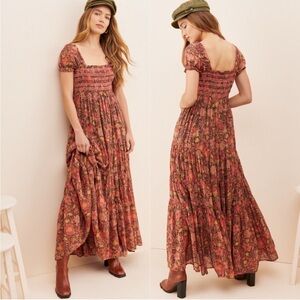 FREE PEOPLE Size M Red Floral Getaway Maxi Dress Smocked Tiered Boho Peasant
